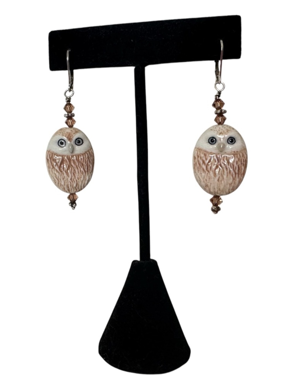 Hand Crafted 925 Sterling Silver Handmade Ceramic Owl Drop Earrings NEW